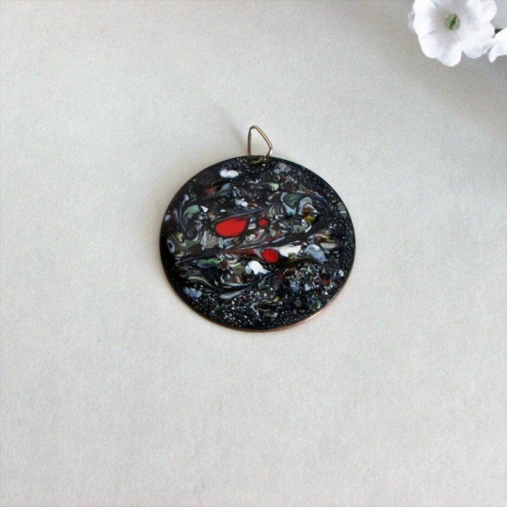 Artisan Boho Copper & Enamel Pendant for Necklace 2" Signed Vintage Red Blue
